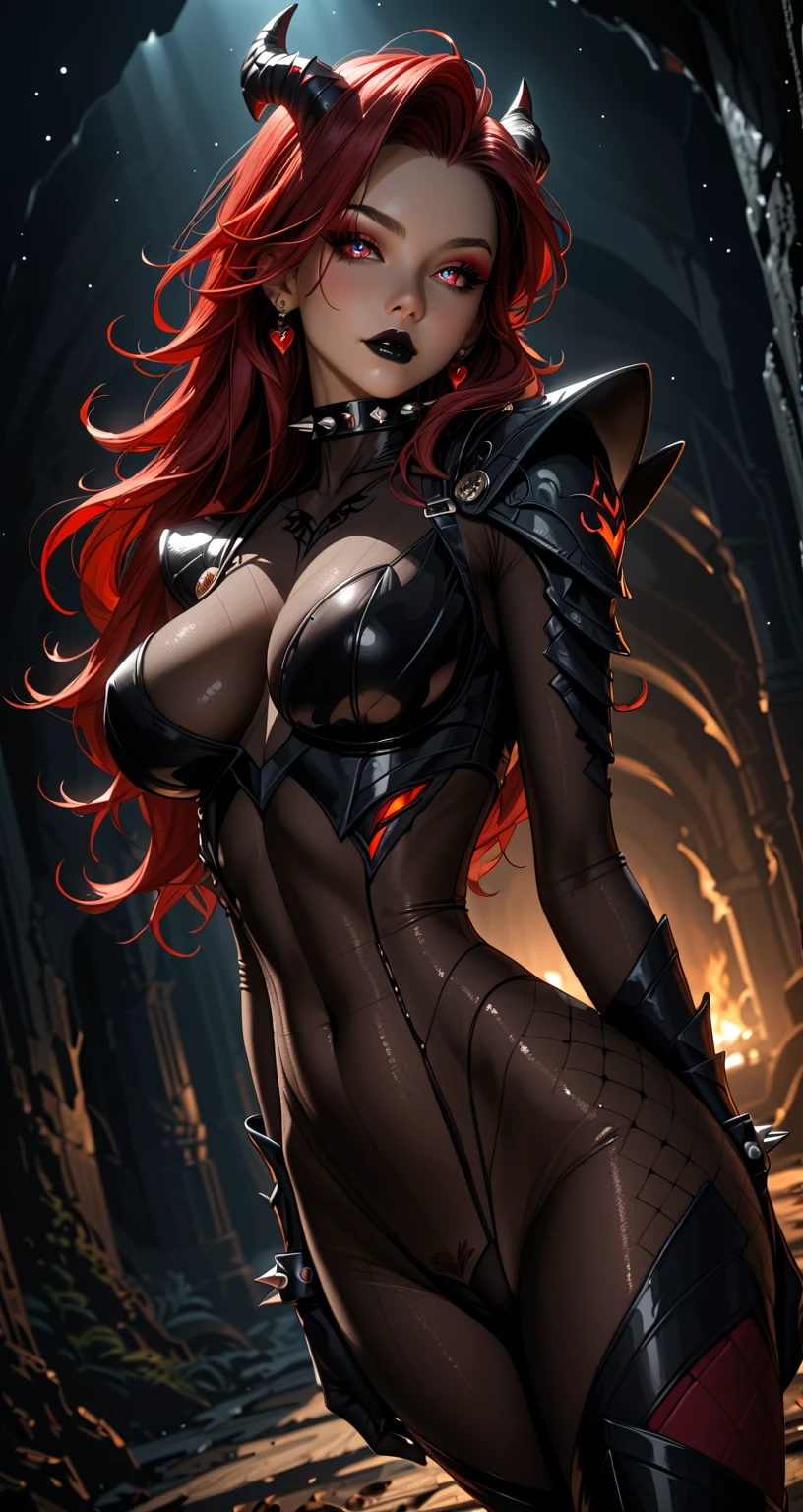 demon, female, combat stance, red hair, orange eyes, scar between bodies, black horn