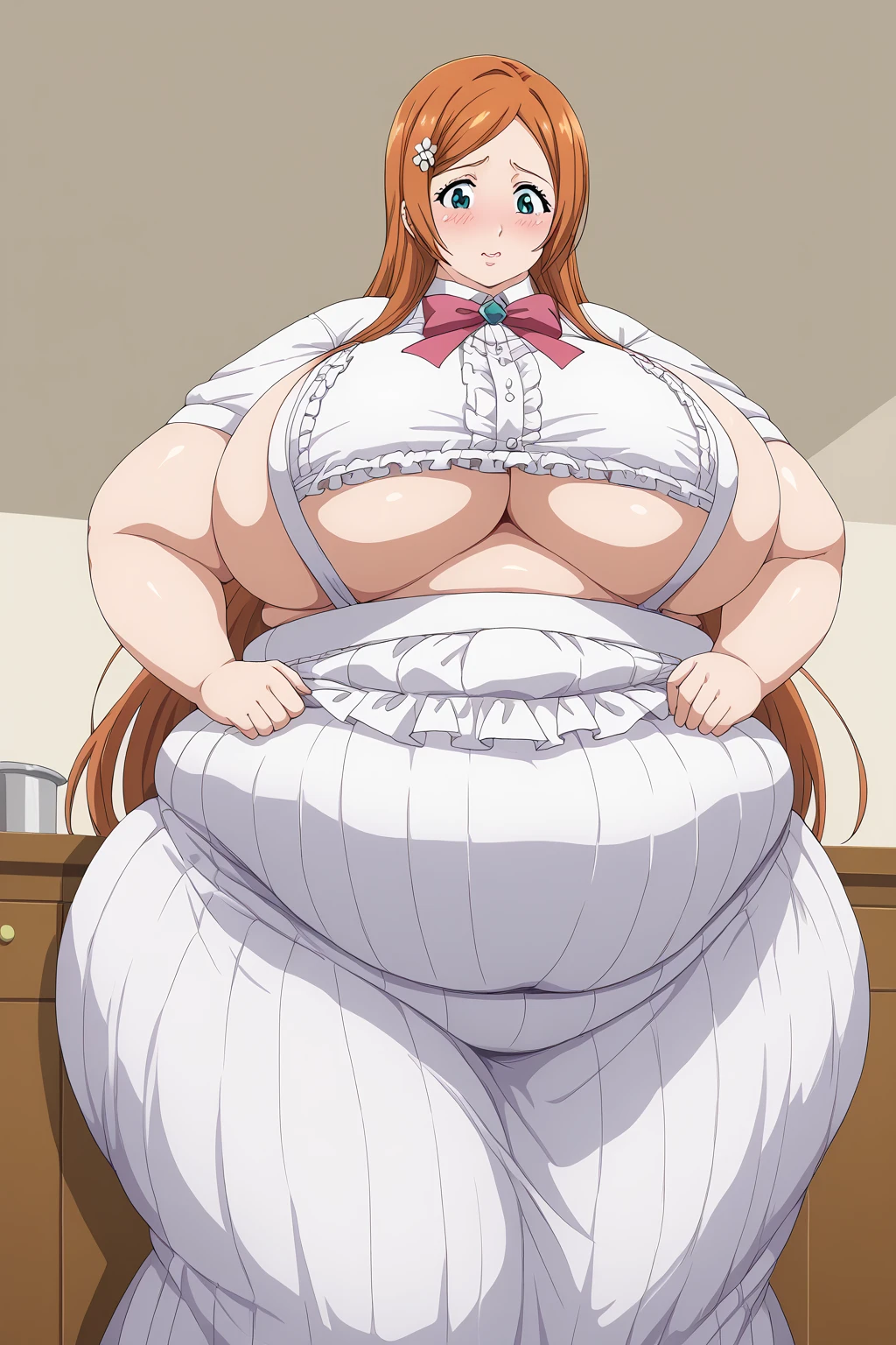 inoue orihime, Orihime Inoue,  long hair,  orange hair,  Teal Eyelids, Hair tied at the back, White scrunchie,  pink long skirt,red short sleeve blouse , White ruffled apron , score_9,  score_8_ up,  score_7_ up,  score_6_ up,  score_5_ up,  score_4_ up,  Masterpiece ,  top quality , Very aesthetic,   absurd,  Source_Anime, Anime screencap 一人の女性、Alone、 personal 、Super huge breasts, ((( super huge clevis 、Super huge, Super huge boob))),Curvy、 Wide Hips、 embarrassed expression、 indoor、Fat body,  in her 20s,  obese , chybby, weight gain ,  embarrassing expression ,  sloppy stomach、blush, Mature Woman, milf, Fat face, double chin ,  troubled expression, Married Woman, 