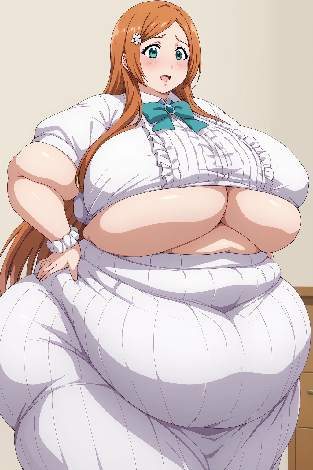 inoue orihime, Orihime Inoue,  long hair,  orange hair,  Teal Eyelids, Hair tied at the back, White scrunchie,  pink long skirt,red short sleeve blouse , White ruffled apron , score_9,  score_8_ up,  score_7_ up,  score_6_ up,  score_5_ up,  score_4_ up,  Masterpiece ,  top quality , Very aesthetic,   absurd,  Source_Anime, Anime screencap 一人の女性、Alone、 personal 、Super huge breasts, ((( super huge clevis 、Super huge, Super huge boob))),Curvy、 Wide Hips、 embarrassed expression、 indoor、Fat body,  in her 20s,  obese , chybby, weight gain ,  embarrassing expression ,  sloppy stomach、blush, Mature Woman, milf, Fat face, double chin ,  troubled expression, Married Woman, 