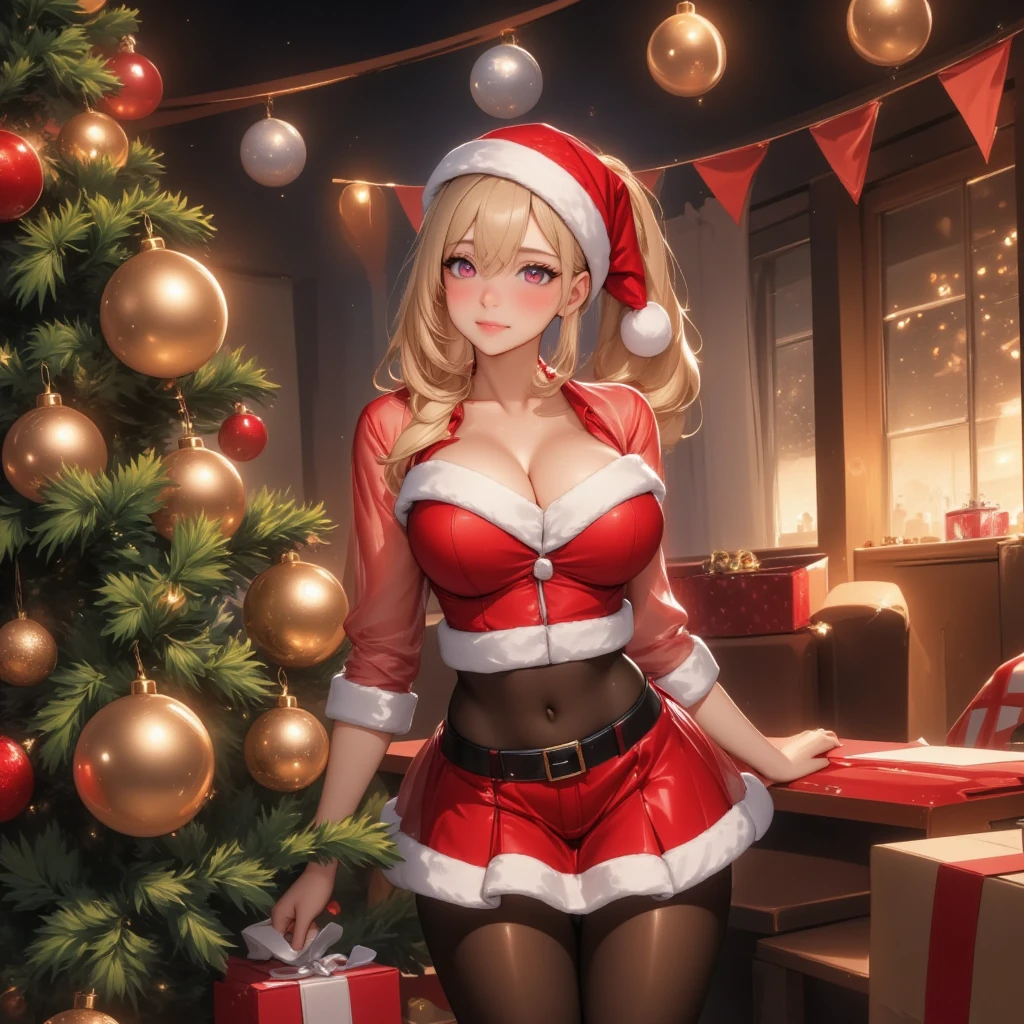 ((beste-Qualit, 10, masterpiece :1.3)), 1girls, Beautiful woman who concentrates on a slim stomach: 1.3, (Hairstyle Casual, Big breasts: 1.2), Wear a red and green Santa suit.,Wear Santa's hat.,Standing behind the Christmas tree: 1.2, interior, Ultra-detailed face, delicate eyes, 二重まぶた, Soft breasts, smile;Organize a Merry Christmas event