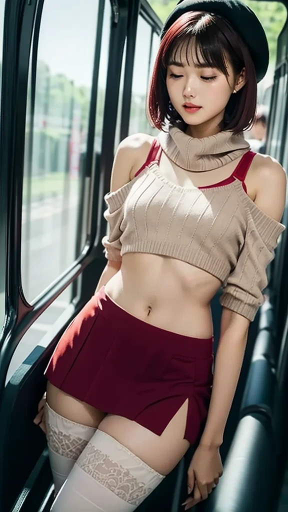    has her butt hidden in a  、 scarf、sports bra top、Sleeping on the bus、( close your eyes)、(( miniskirt))、  off-shoulder sweater、 sexy thighs、 knee socks、Some of her red panties are visible、 (  view from below )、 detailed face 、  beautiful small cleavage、  anatomically accurate ,  textured skin,  High Definition model , Pain々A funny expression、  Please open your mouth slightly、  open legs slightly 、 red hair color 、 short bob、 Wearing a Beret 、