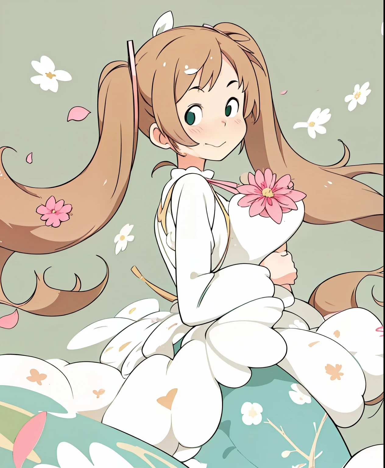 (masterpiece、 top quality 、 top quality 、 Official Art、 Beautiful and Beautiful :1.2)、( One Girl :1.3) Hatsune Miku 、 twin tails, Beautiful breasts, cute girl、 slightly vintage color,flat,,リソーPrintスタイル, illustrations, adorable, leave blank ,Low saturation, lots of flowers ,Individually arranged ,Leaf,[branch, Print, stickers, random arrangement ,Nice drawing style, color guide , graphic design , carpet pattern ,(Solid color background)
