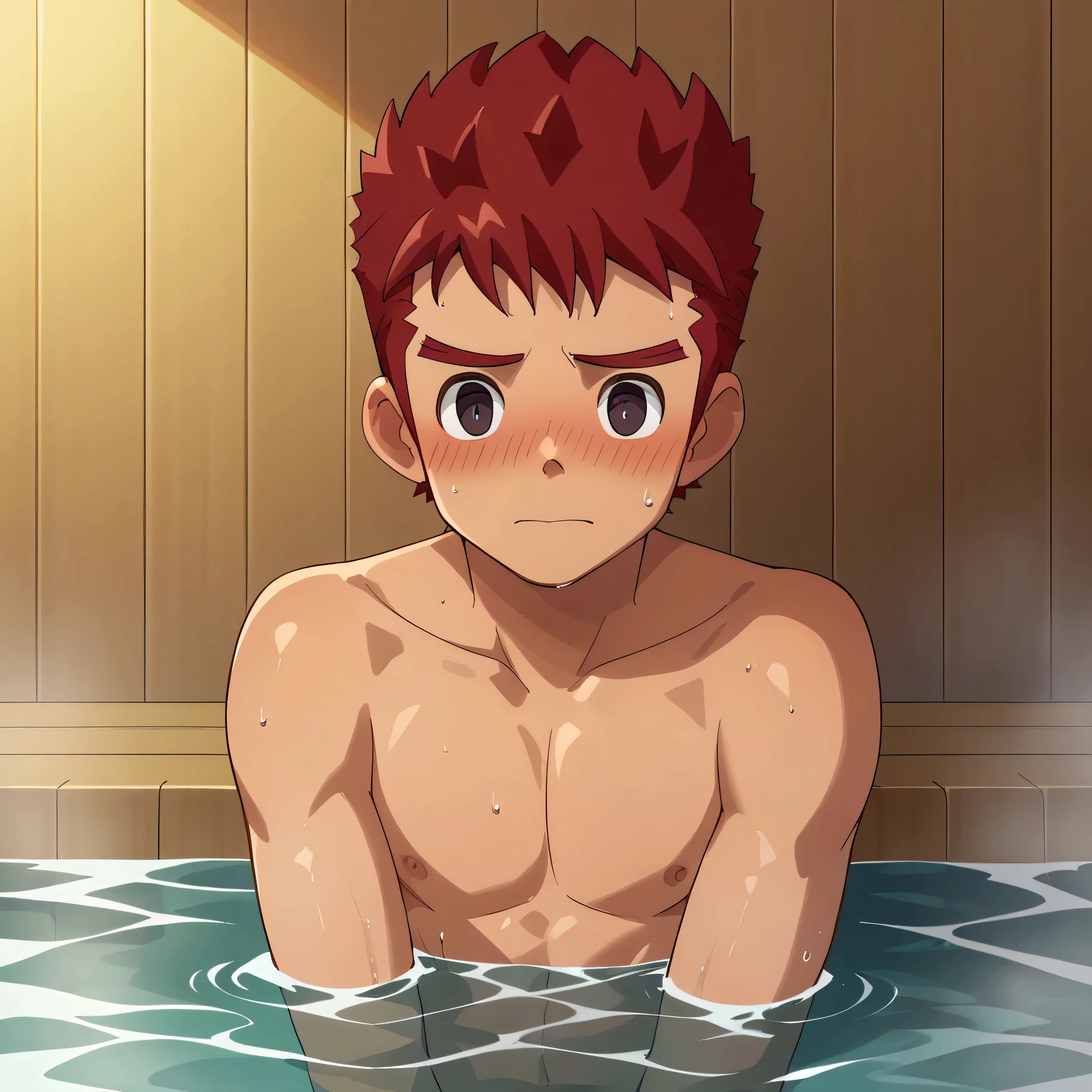 score_9, score_8_ up,  Source_anime,  very detailed,  one boy , alone
,  one boy ,   male focus , alone, Men wear bathing wear、 Red Hair, shy 、
Completely naked,  dark eyes,、hot spring、NSFW、panic, eyes、blush、Embarrassed、 shorter、 short、Make your head bigger 、brown