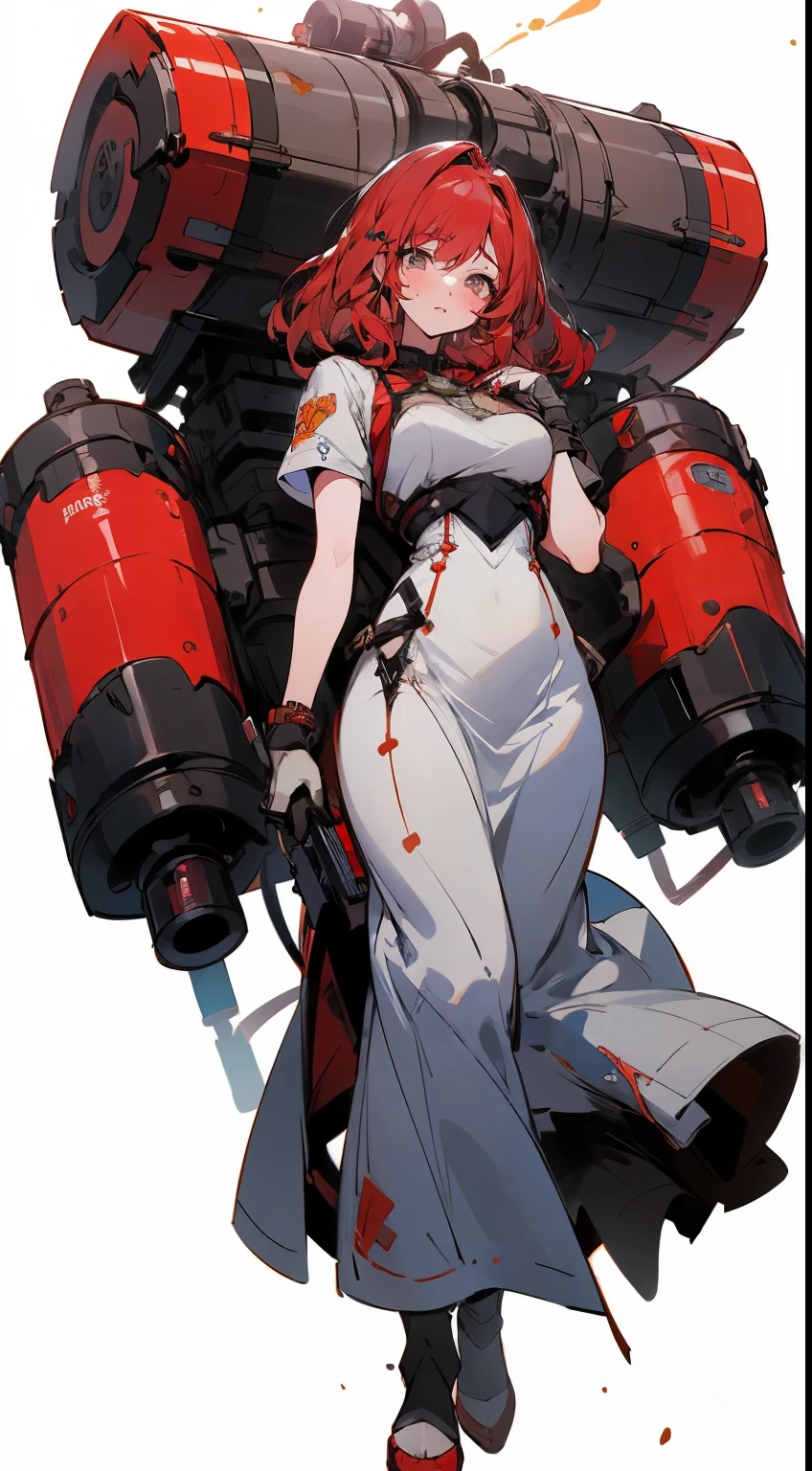 (masterpiece:1.2),8k, beautiful, high quality,
(full-length photograph:1.2)、((white background:1.6)),(Flat Illustration Art:1.2), (poster art:1.2),(Ultra-definitive game CG), CG animation, Character setting painting,Original character reference sheet adoptable,score_9,score_8_up, score_7_up, score_6_up, score_5_up, precise details, animation,
Cute tanned girl, ((MEGUMI)),
curly hair, blue eyes, (red hair:1.9), (white long dress:1.5),
(makeup lipstick eyeliner mascara eyeshadow:1.1) dark skin, Mole under the eye, Rings, Necklaces, (shaking breasts:1.5),
emale, holding large laser cannon, glasses girl, heavy equipment, full body armor, armor girl, mobile suit style, purple like clothes,