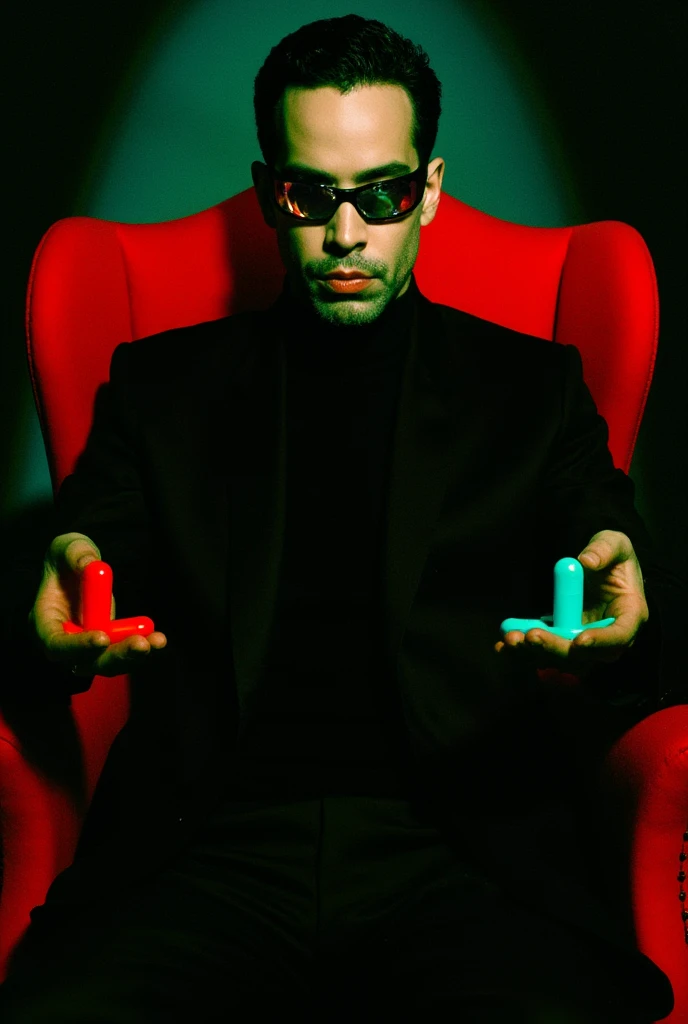 An ultra-realistic illustration depicting Morpheus seated in his iconic red armchair, set in a dark and mysterious atmosphere. He holds a pill in each hand, one red and one blue, with a serious and enigmatic expression on his face. The light reflects vividly on the pills, creating sharp contrasts, while his glasses subtly mirror the scene before him. The background is minimalist and shadowy, with a faint green glow evoking the digital world of the Matrix. Morpheus wears his signature black coat, exuding an aura of authority and mystery.