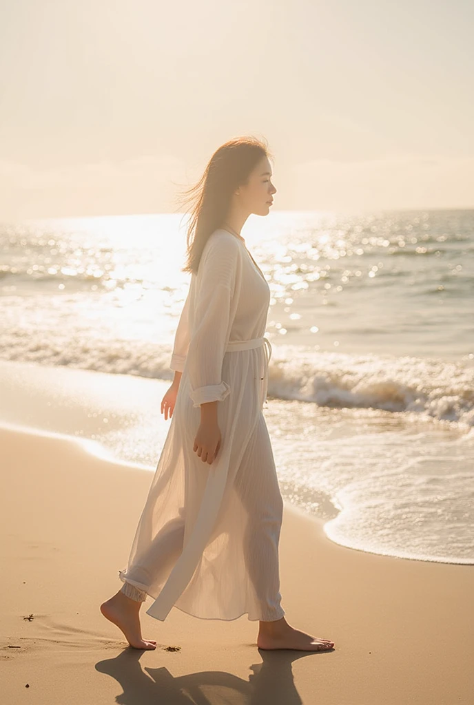 Woman walks on the beach