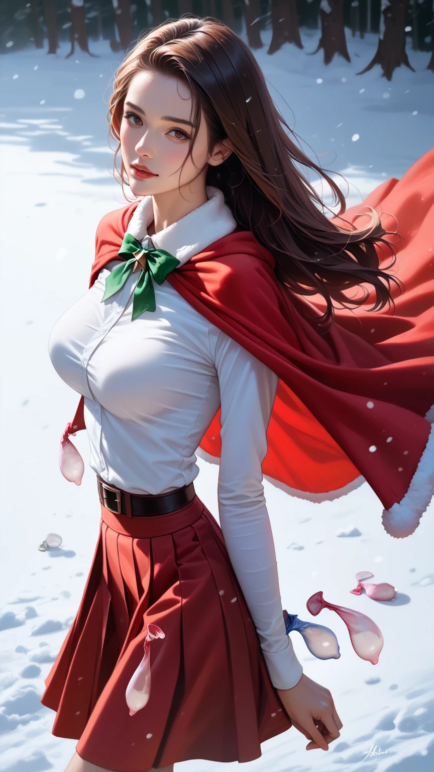 score_9,score_8_up,score_7_up,high res image,masterpiece,best quality,realistic,1girl,santa_costume,white_shirt,(red cape:1.2),(red skirt:1.2),snow,(upper_body:1.2),(dynamic_angle:1.3),(medium breasts:1.3),(presenting used condoms:1.3),