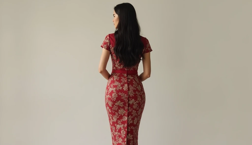1girl, long hair, looking at viewer, brown hair, black hair, hair ornament, standing, ass up, flower, short sleeves, red dress, cowboy shot, solo focus, looking back,hair flower, from behind, blurry, lips, blurry, rose flower, realistic, accmm ss outfit.