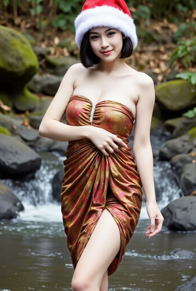 (masterpiece, best quality:1.2), 1girl, solo, a bit chubby, batik sarong, ((large breasts:2)), Photo of Pretty Indonesian woman, short hair, wearing red santa clause hat, walking at the pine forest, waterfall as the background details. Look at the viewer, 