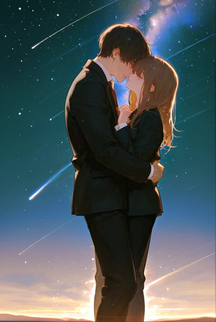 One adult male,One length, Brown Hair, shortcuts,Closed eyes, black suit, starry sky 