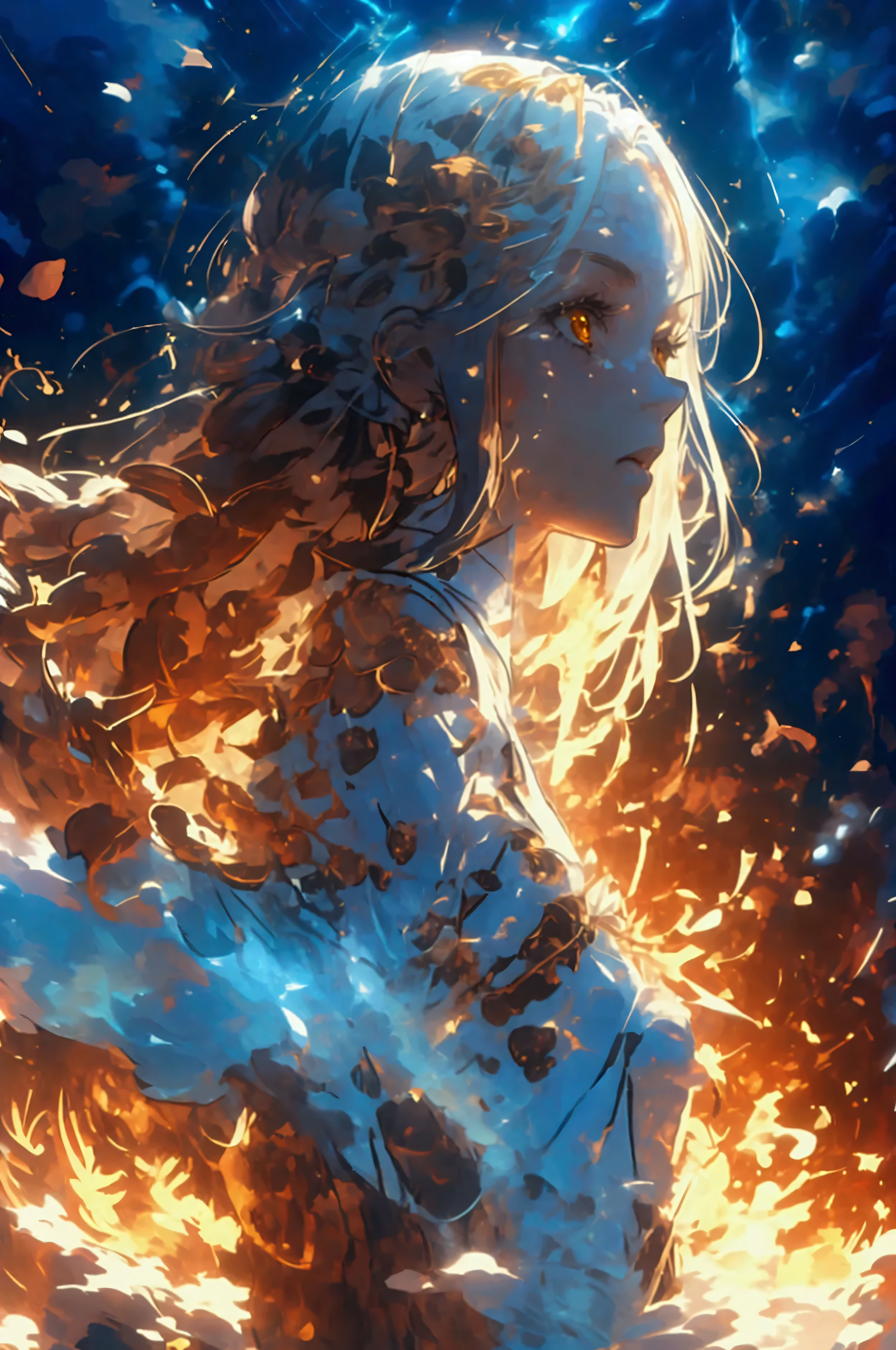 A beautiful fifteen-year-old girl with long golden hair and golden shining eyes in a delicate white dress. Fighting against dark creatures shrouded in deep shadows. Magic.