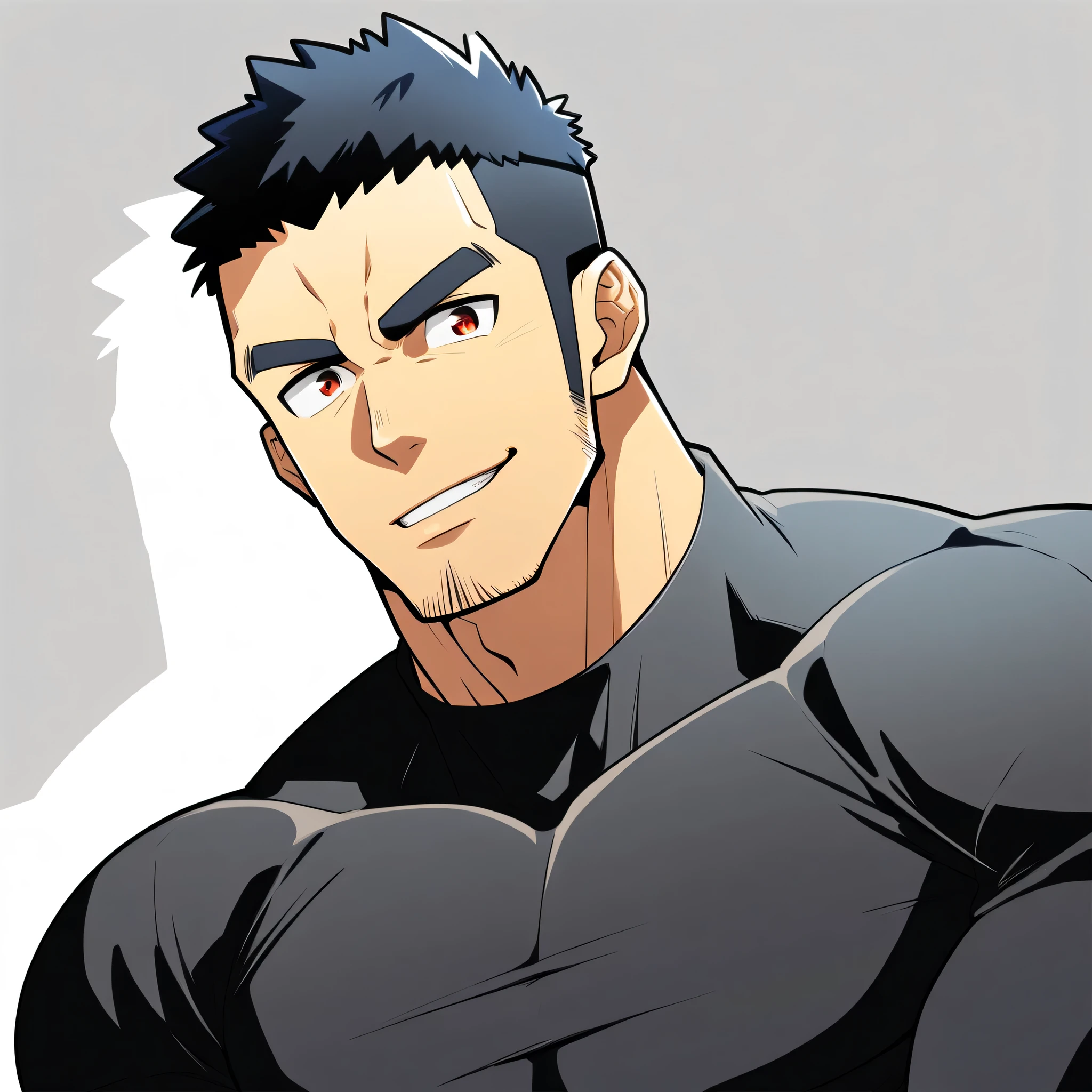 anime characters：Gyee, Muscle Sports Student, Manliness, male focus, Cute boy with big eyes, black high collar long sleeve tight T-shirt, Slightly transparent material, Very tight, Round, full and perky chest muscles, Slightly transparent, muscular male, muscular, only, Upper body, alone, Black short hair, Thick eyebrows, stubble, Cute little eyes, Brown-red pupils, Grey background, simple background, amazing quality, best aesthetics, Ridiculous, crew cut, parted lips, seductive smile, torogao, naughty face, drop shadow, best quality