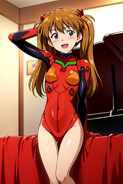 (( top quality )), ((masterpiece)), (be familiar with),  perfect face, indoor, bedroom,  Watching Viewers ,
One woman,  Soryu Asuka Langley,
 open mouth,  ecstatic expression beside the piano, blush, smile,
 small tits,  flat chest, Young girl, Lori,  s,  girl,
 long hair,  twin tails,
Leg spread,