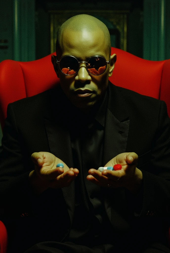 An ultra-realistic illustration of Morpheus, a bald Black man with a commanding presence, wearing his signature round glasses that subtly reflect the scene before him. He is seated in his iconic red armchair, holding a pill in each hand—one red, one blue. His expression is serious and enigmatic, exuding wisdom and authority. The lighting highlights his dark skin and the reflective surface of his glasses, while the background is minimalist and shadowy, with a faint green glow hinting at the digital world of the Matrix. Morpheus wears his classic long black coat, perfectly capturing his iconic look.