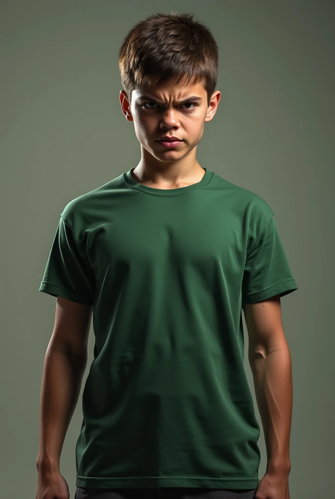 A teenage boy with a mock face and a humped nose and an open cut hairstyle with small lips and low eyebrows and brown eyes, who has a very muscular body and has a scar like thunder on his right eye And he has muscular legs and is wearing salmon shoes and is standing in an underground bunker