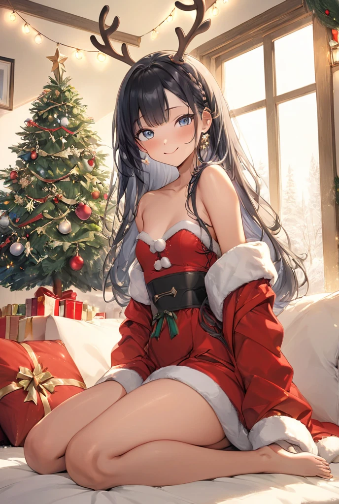 gorgeous lips, cinematic, (masterpiece), (best quality), (ultra-detailed), very aesthetic, illustration, perfect composition, intricate details, absurdres, detailed face, (anime, masterpiece, intricate:1.3), (best quality, hires textures, high detail:1.2), brown eyes,
1girl, brown skin, tan skin, very long black hair, wavy hair, medium breasts, perfect eyes, 8k, highest quality, ultra details,1girl, solo
Red (offshoulder:1.1) Santa dress with white fur trim, back ribbon, Red santa hat with a white fur trim, black belt with a gold buckle, black knee high boots, White thigh high socks, gold bell bracelet, ribbon necklace, laying prone on belly, in a christmas themed cabin, on the ground, on a white rug, pursed lips, next to a fireplace, folded legs, holding a candy cane in mouth, indoors, head resting on hand, legs crossed and raised, looking at viewer,
cinematic lighting, blush, starry eyes, happy, falling snowflakes outside,beautiful christmas village, christmas lights, christmas tree, winter time, night time, (soft lighting:1.2),warm colors, (dynamic shot:1.4), photoshoot, cowboy shot, from the front,