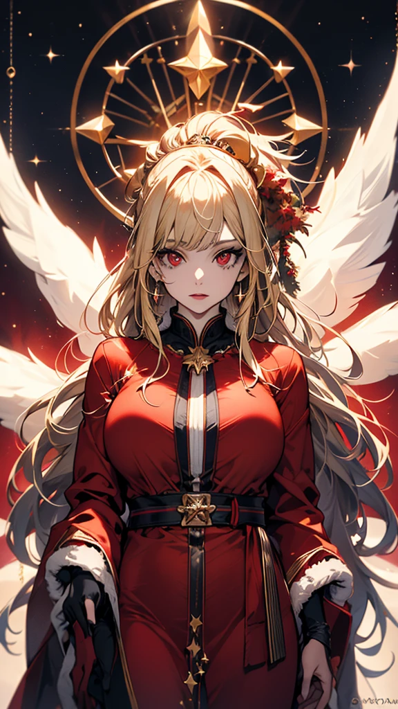 masterpiece,                       High Quality              , 4K, Beautiful design,           silhouette    ， blonde alone     ，                Ponytail vaginal bleeding    ，        Highly Detailed Starry Sky,       Knowledgeable woman    , Highly detailed solo,    1 Woman   ,   red eyes，Big Breasts，     Santa costume ， Red fur coat，    Knowledgeable woman    ，