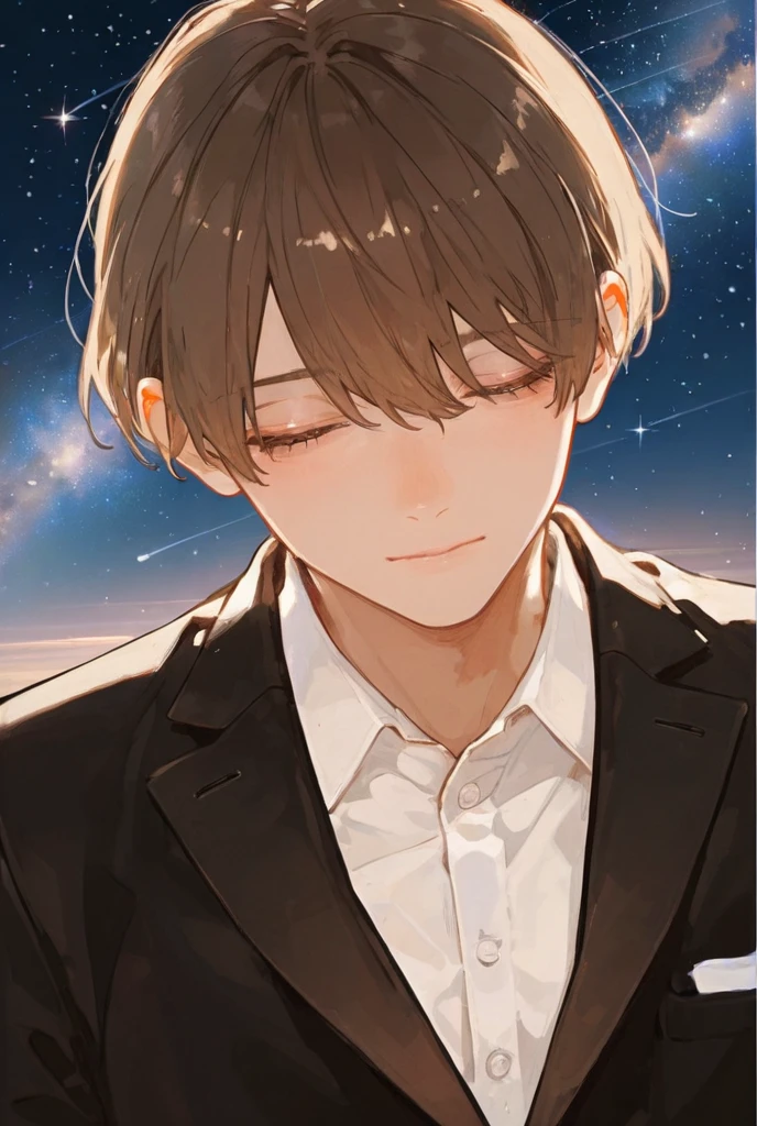 One adult male,One length, Brown Hair, shortcuts,Closed eyes, black suit, starry sky ,solo , upper body close-up 