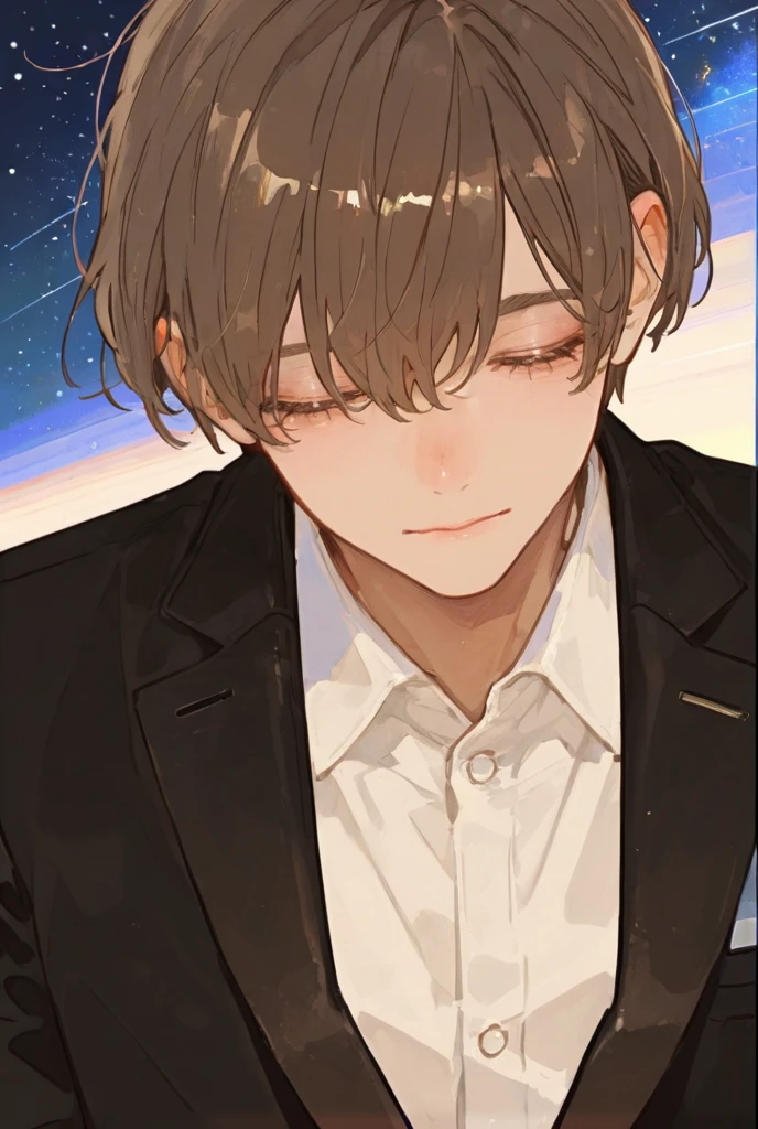 One adult male,One length, Brown Hair, shortcuts,Closed eyes, black suit, starry sky ,solo , upper body close-up 