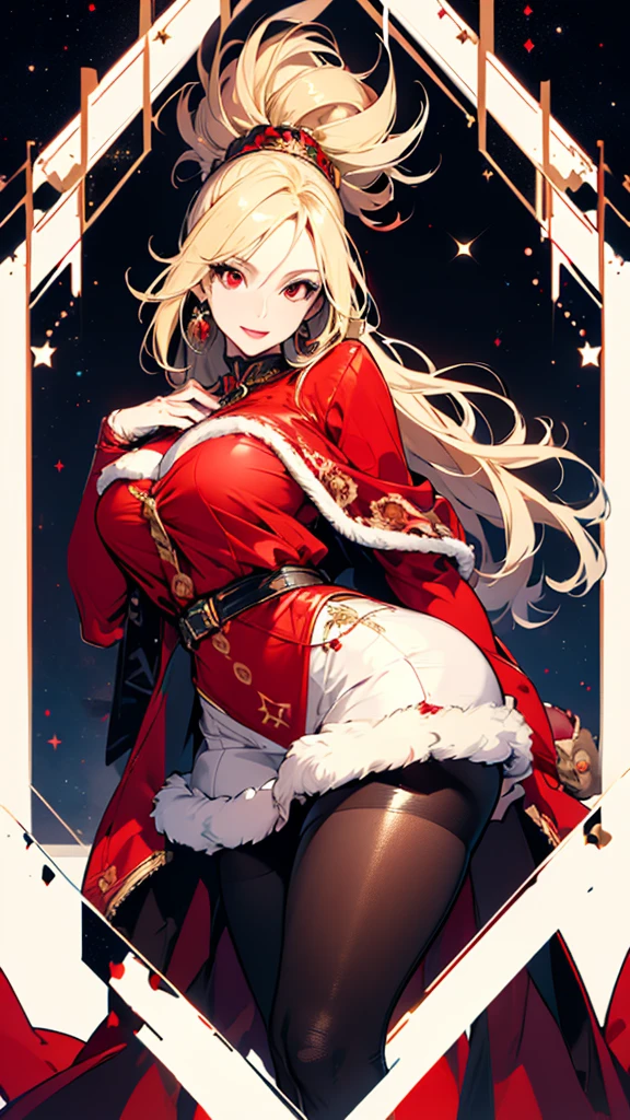 masterpiece,                       High Quality              , 4K, Beautiful design,           silhouette    ， blonde alone     ，                 ponytail ，        Highly Detailed Starry Sky,       Knowledgeable woman    , Highly detailed solo,    1 Woman   ,   red eyes，Big Breasts，     Santa costume ， Red fur coat，    Knowledgeable woman    ，