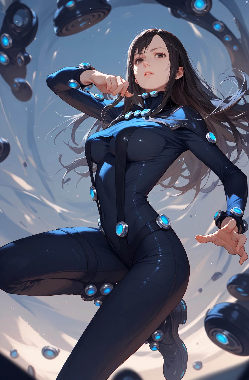 Reika shimohira in gantz costume, dynamic pose, dynamic angle
