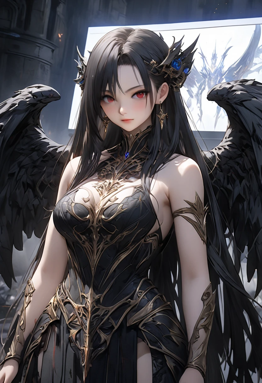 Beautiful girl with long black hair and blue eyes and bird wings with big breasts UHD, textured skin, super detail, high details, high quality,