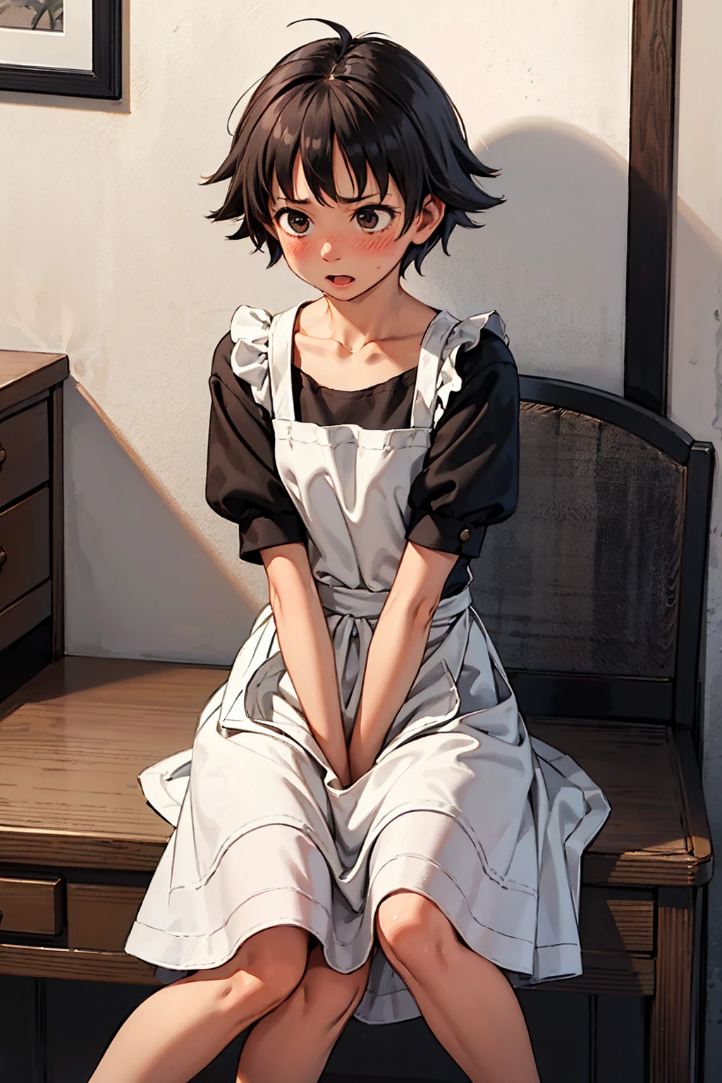 makoto, 1girl, bangs, black hair, blush, brown eyes, looking away, short hair, (collarbones:1.2),(shy:1.3),maid apron,maid dress, cute, solo, mouth half open,blush,bedroom,sitting,Frontal,best quality, masterpiece