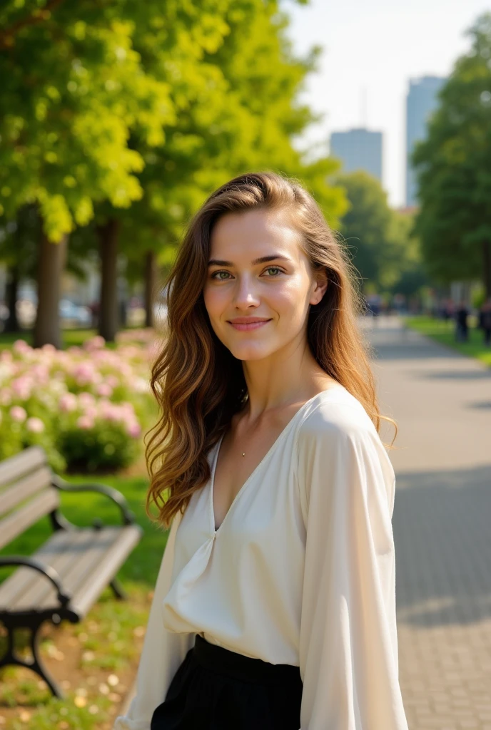 realism, (((portrait, close-up: 1.5))), masterpiece, very beautiful girl, RAW photo, A highly detailed and artistic portrait of a young woman in a city park on a sunny day. She has long wavy hair and is wearing a white blouse and black skirt. In the background are lush green trees, blooming flowers and a paved path with vintage-style benches. The sunlight filters through the leaves, creating a natural bokeh effect. The city skyline is barely visible in the distance, adding a subtle urban atmosphere. The atmosphere is serene, with warm tones and a hint of cinematic glow. The focus is on her face, capturing a gentle smile and expressive eyes.