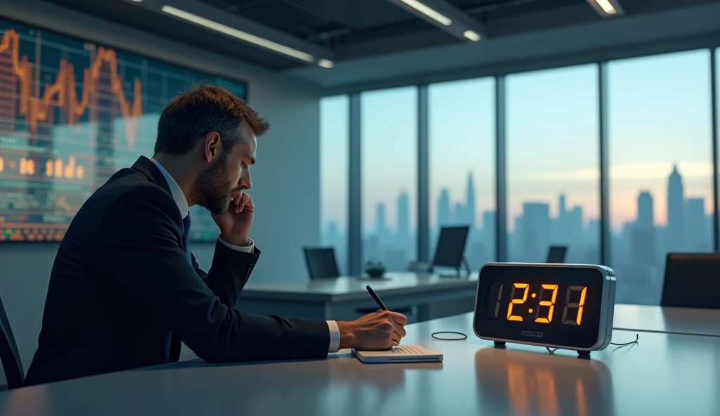 A businessman on the phone in a modern office, looking at a digital clock showing the time running out as he discusses a high-stakes financial investment
