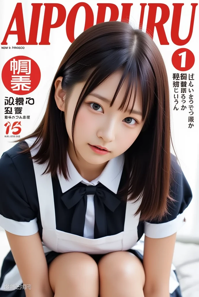 The magazine cover from a Japanese adult video, titled "AIporuru" with the japanese text and elements of the magazine cover laid out in a typical fashion magazine format. 

The main subject is a young Japanese woman with fair skin and a petite build, dressed in a black, short-sleeved, high-collared maid outfit with a white collar and cuffs. She has straight, shoulder-length dark hair styled in a bob with bangs. Her expression is neutral, and she is positioned kneeling on a bed, leaning forward with her buttocks slightly raised, showcasing her bare skin and the outline of her buttocks.Her attire is suggestive, accentuating her figure