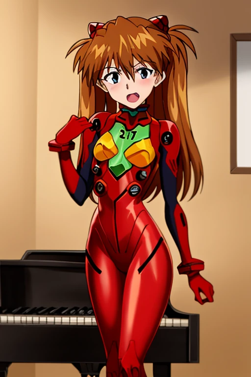 (( top quality )), ((masterpiece)), (be familiar with),  perfect face, indoor, bedroom,  Watching Viewers ,
One woman,  Soryu Asuka Langley,
 open mouth,  ecstatic expression beside the piano, blush, smile,
 small tits,  flat chest, Young girl, Lori,  s,  girl,
 long hair,  twin tails,
Leg spread,