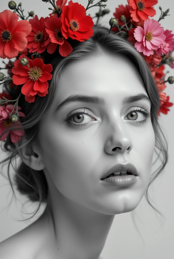 realism, (((portrait, close-up: 1.5))),
masterpiece, very beautiful girl, RAW photo, A serene, monochromatic female face emerges with smooth, porcelain-like skin and subtle shading, evoking elegance and tranquility. Her soft, delicate features are intertwined with flourishing botanical elements, blending seamlessly with her face. Vivid red and pink flowers bloom around her head, accentuated by thin, twisting branches and soft leaves, introducing a gentle contrast to the grayscale tones. Her eyes are sharp, with an ethereal gaze that complements the peaceful composition. The floral designs and leaves grow organically, creating a balanced fusion between the human form and nature, evoking both beauty and grace. The background remains light and uncluttered, allowing the intricate details of the face and flora to stand out vibrantly.