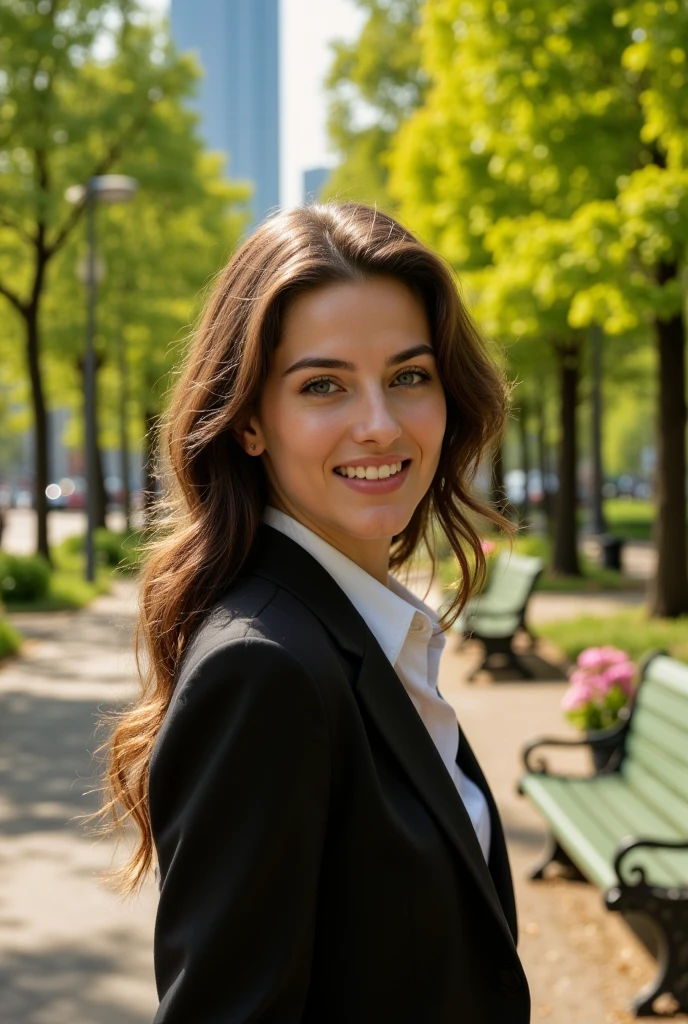 realism, (((portrait, close-up: 1.5))),
masterpiece, very beautiful girl, RAW photo, A highly detailed and artistic portrait of a young woman in a city park on a sunny day. She has long wavy hair and is dressed in a business and elegant suit. In the background are lush green trees, blooming flowers and a paved path with vintage-style benches. Sunlight filters through the leaves, creating a natural bokeh effect. The city skyline is barely visible in the distance, adding a subtle urban atmosphere. The atmosphere is serene, with warm tones and a hint of cinematic glow. The focus is on her face, capturing a gentle smile and expressive eyes.