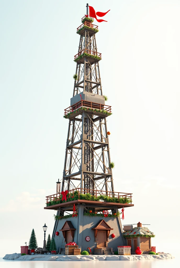 oil tower with several Christmas decorations around it and that of the tower this white background 