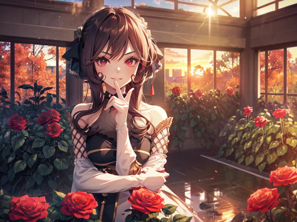 (Solo:2), (Young Woman:2), (Big Head, Very Large Breasts), (Smiling, Showing Gums, Looking at Camera), (Castle Red Rose Garden:2), (Sunset:2), (High Angle, Focus on Breasts), (Accurate Body Structure, Accurate Hand Structure:2, Accurate Finger Structure:2, Short Fingers:2, Short Arms:2, Curled Fingertips:2, Fewer Fingers:2), (Toon Shaders, 3D Model, Very Thin Lines, Carefully Drawn, Great Artwork, Top Quality, High Resolution, 8K, Detailed, Delicate)