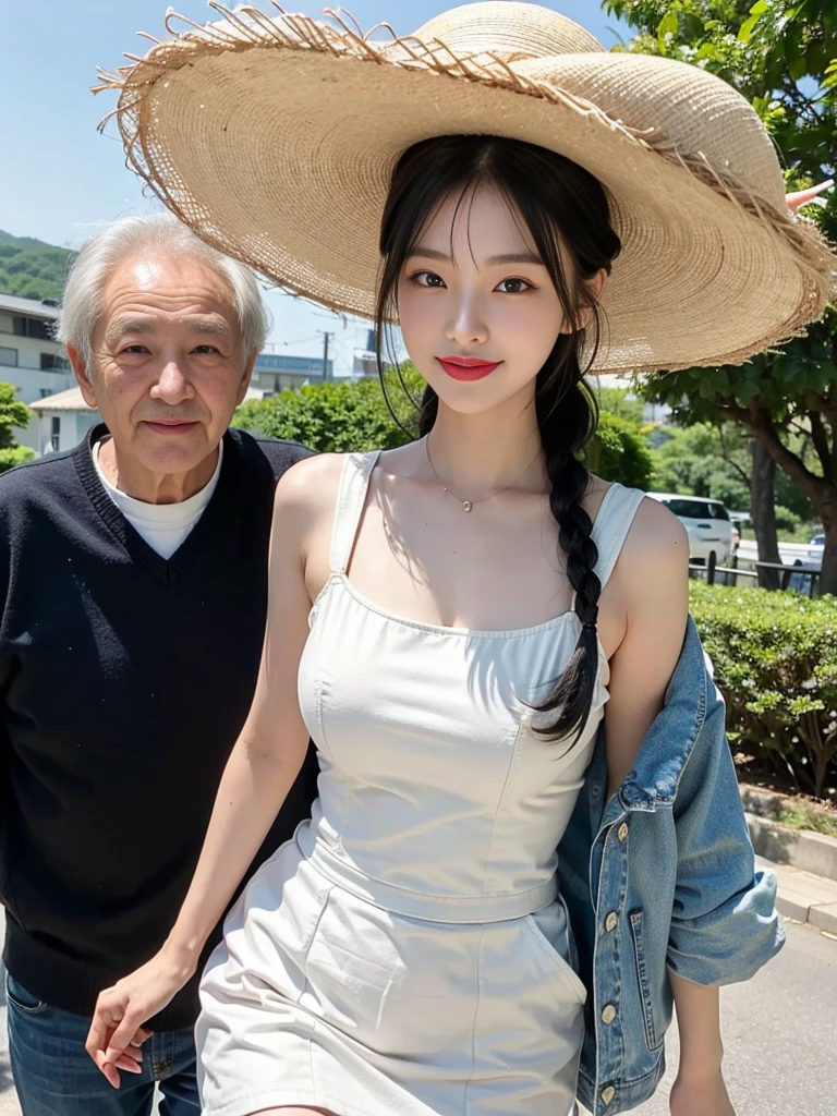 ( super cute Korean college girl walking with her elderly grandpa wearing a straw hat:1.2)(Grinning,smile:1.3)(Mild wind climate :1.1)(16k,  RAW photos ,  top quality , masterpiece: 1.2),( Glossy Black Hair Braid Semi Long Bob Cut)  super detailed ,  Super Resolution, (Genuine, Genuine photos: 1.37),  portrait,  High Resolution RAW Color Photos,  professional photos ,  very detailed, 8k wallpaper,  very detailed CG Unity 8k wallpaper, solo, very detailed beautiful girl,  very detailed faces, ((whole body)), beautiful woman,  huge breasts,(huge boobs:1.1) ( big boobs:1.1), ( camisole), Korean Girl,(Idol-level beautiful gal)(Beautiful girl:1.1)( scenic countryside )(デート用のカワイイ camisole:1.1)(Perfect Makeup:1.1) miniskirt(with old man:1.3)