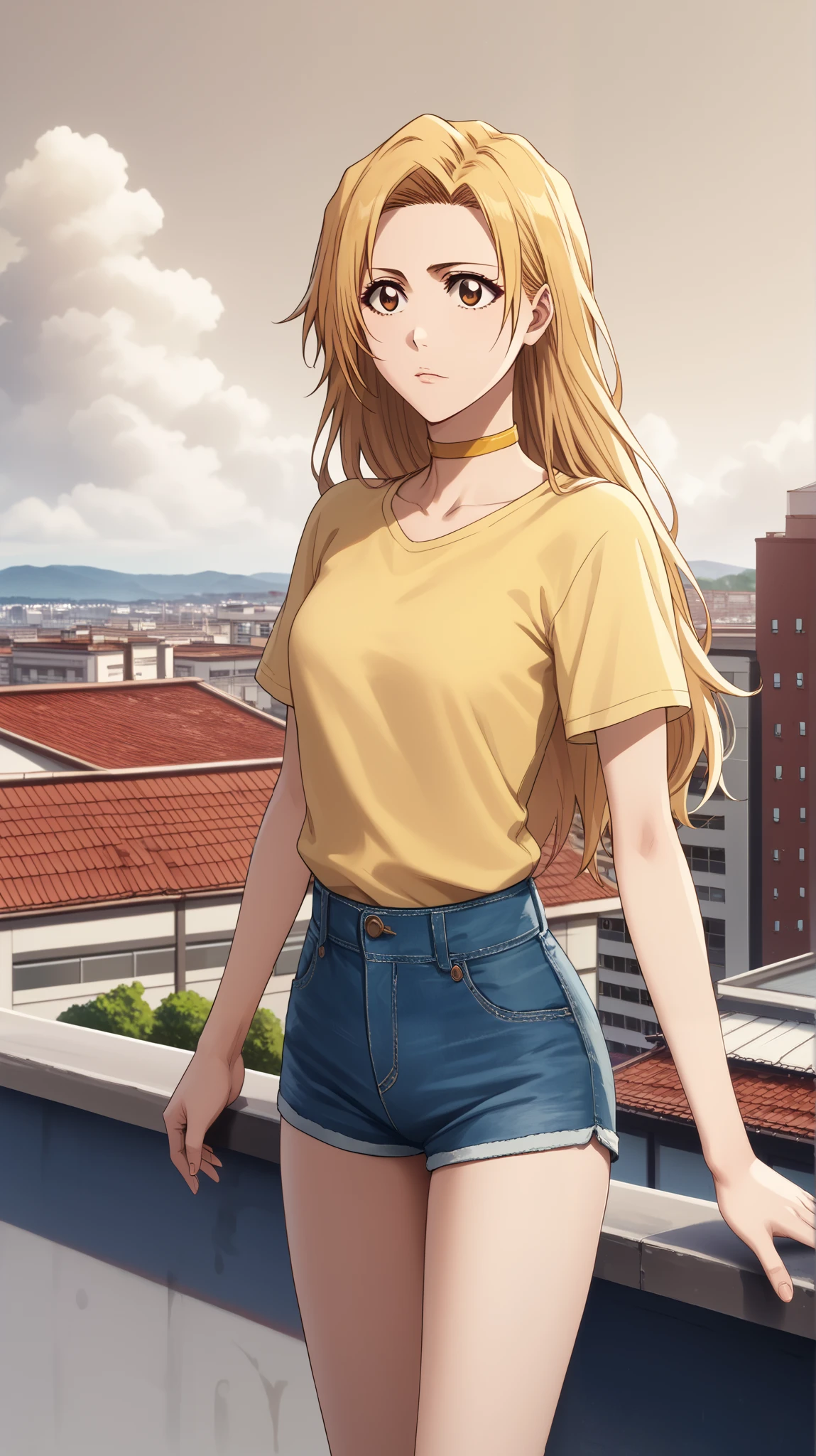   1 girl of fifteen years old  ,  young girl  , solo, anime pastor  "bleach".
Appearance:  brown eye  ,  long straight light yellow hair, ( long hair lies on the shoulders , neck )
(((background: evening, dark,  Standing on the roof of a building , stands on the roof of a tall house ,  stands on the roof in the clouds )). (( thin waist, Yellow T-shirt, denim shorts with straps ))