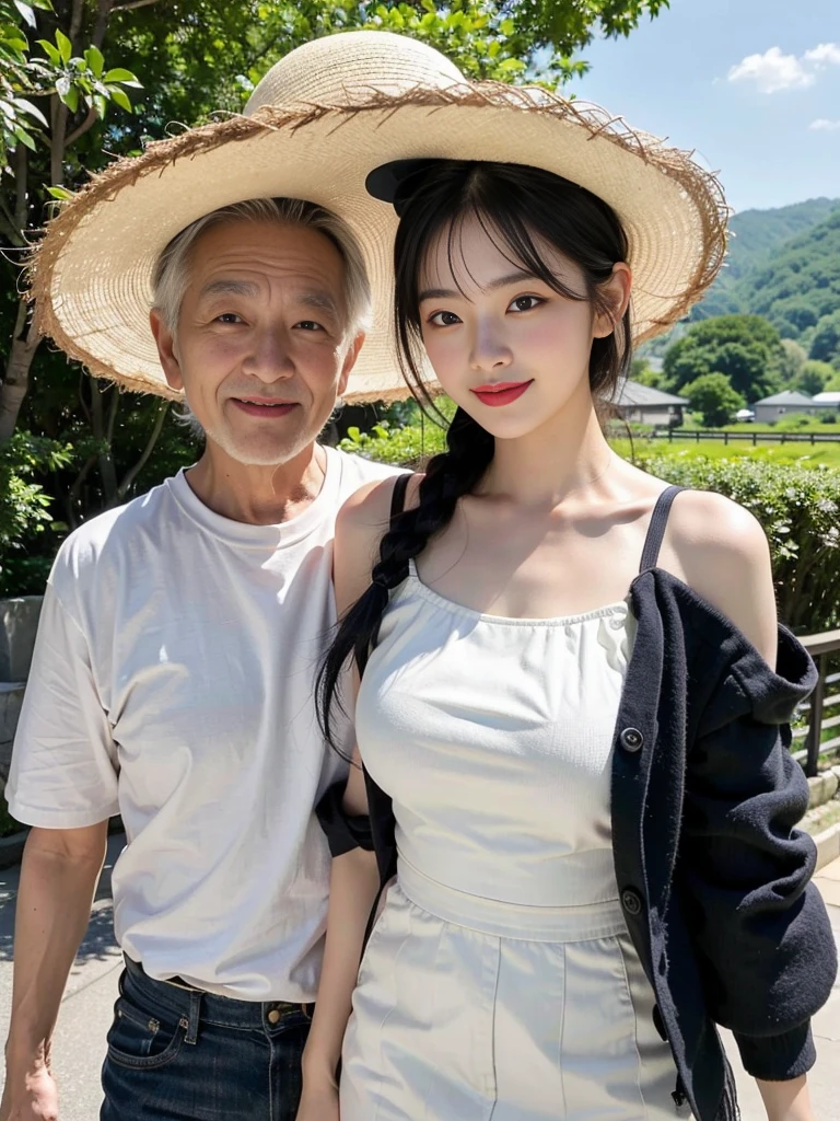 ( super cute Korean college girl walking with her elderly grandpa wearing a straw hat:1.2)(Grinning,smile:1.3)(Mild wind climate :1.1)(16k,  RAW photos ,  top quality , masterpiece: 1.2),( Glossy Black Hair Braid Semi Long Bob Cut)  super detailed ,  Super Resolution, (Genuine, Genuine photos: 1.37),  portrait,  High Resolution RAW Color Photos,  professional photos ,  very detailed, 8k wallpaper,  very detailed CG Unity 8k wallpaper, solo, very detailed beautiful girl,  very detailed faces, ((whole body)), beautiful woman,  huge breasts,(huge boobs:1.1) ( big boobs:1.1), ( camisole), Korean Girl,(Idol-level beautiful gal)(Beautiful girl:1.1)( scenic countryside )(デート用のカワイイ camisole:1.1)(Perfect Makeup:1.1) miniskirt(with old man:1.3)