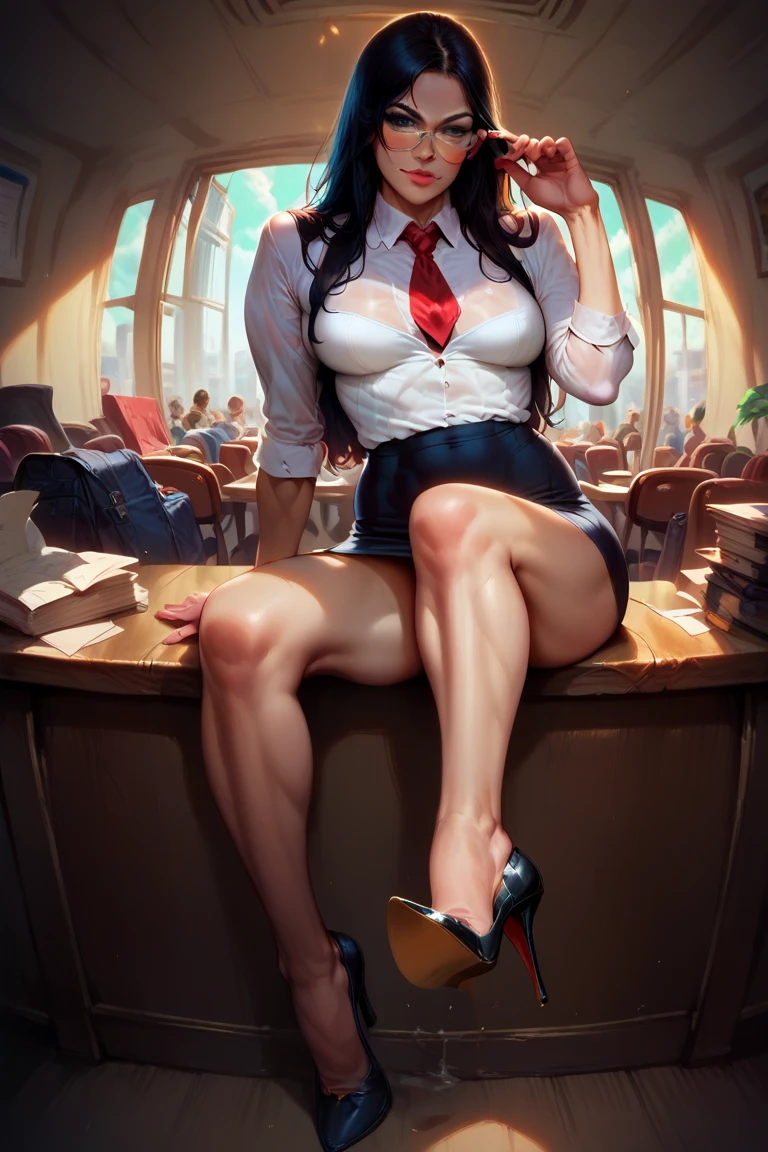 score_9, score_8_up, score_8_up, detailed illustration, realistic, 1girl, LraKinyX, long hair, Athletic body, fit body, abs, skinny, toned legs, black pencil skirt, rectangular glasses, squared eyewear, white shirt, red short tie, high heels, stilletos, no underwear, detailed feet,sitting on desk, on a crowded office, looking at viewer, adjusting eyewear, (shoe dangle:1.7), philon style