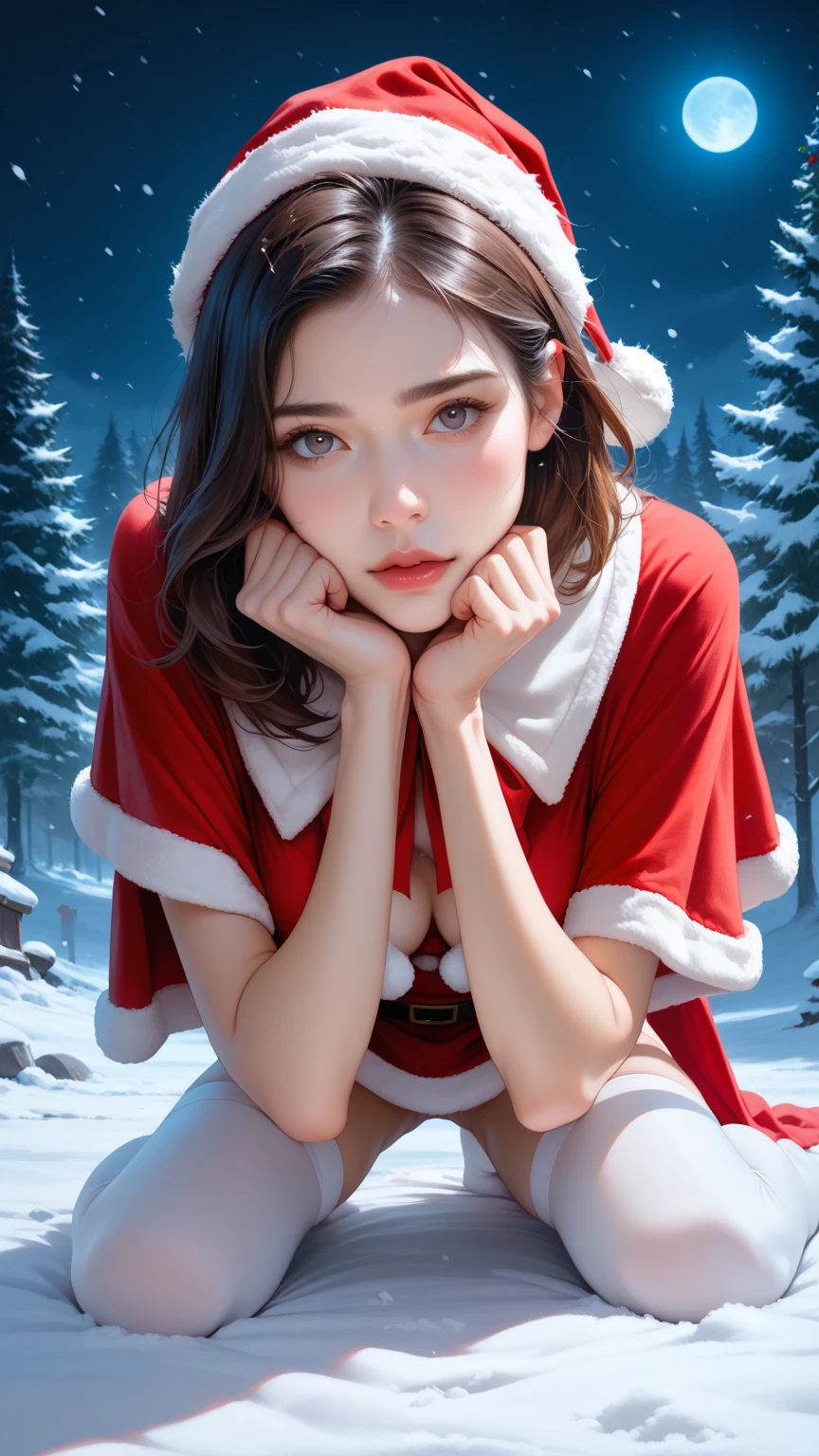 score_9,score_8_up,score_7_up,high res image,masterpiece,best quality,realistic,1girl,(santa_costume:1.2),(white stockings:1.4),(blouse:1.2),(white_shirt:1.2),(capelet:1.2),(snow at night:1.2),(face focus:1.3),(medium breasts:1.3),