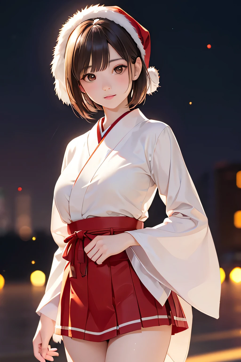  top quality ,  face focus,  soft light,  super high res, ( photo realistic:1.4),  RAW photos ,  1 Japanese Girl , solo, cute, ( shy smile :0.5), ( brown eyes,  light in the eyes ),  detailed and beautiful face , ( human skin texture near female genitals), ( short bob hair), night, night空,  Santa Claus clothes,   skirt