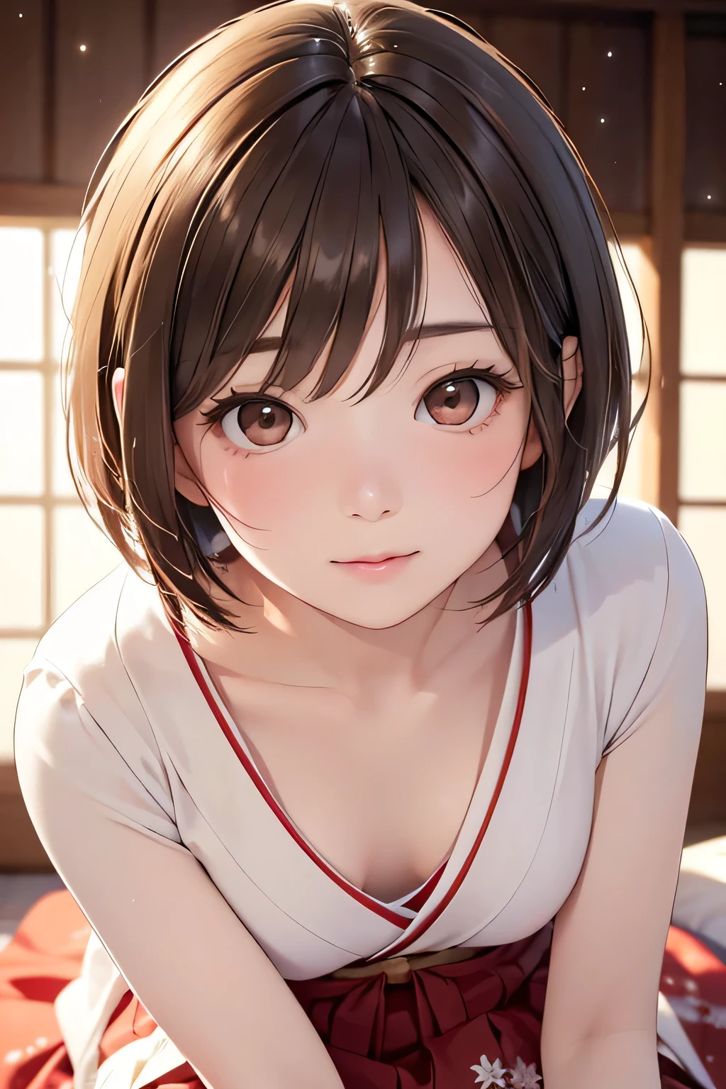  top quality ,  face focus,  soft light,  super high res, ( photo realistic:1.4),  RAW photos ,  1 Japanese Girl , solo, cute, ( shy smile :0.5), ( brown eyes,  light in the eyes ),  detailed and beautiful face , ( human skin texture near female genitals), ( short bob hair), night, night空,  Santa Claus clothes,   skirt