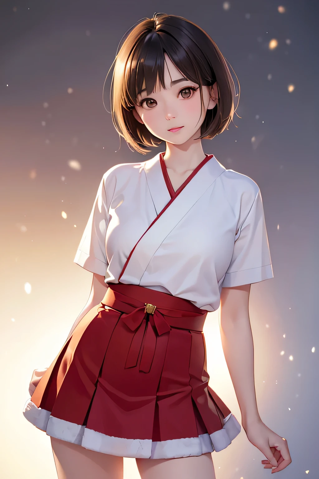  top quality ,  face focus,  soft light,  super high res, ( photo realistic:1.4),  RAW photos ,  1 Japanese Girl , solo, cute, ( shy smile :0.5), ( brown eyes,  light in the eyes ),  detailed and beautiful face , ( human skin texture near female genitals), ( short bob hair), night, night空,  Santa Claus clothes,   skirt