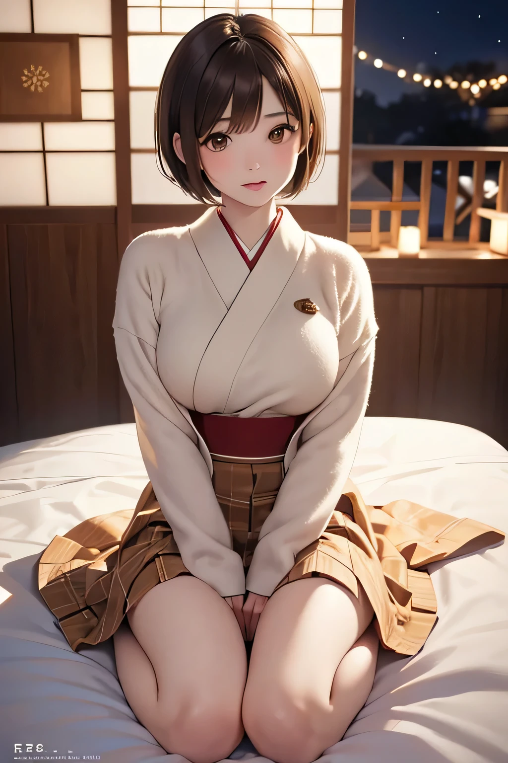  top quality ,  face focus,  soft light,  super high res, ( photo realistic:1.4),  RAW photos ,  1 Japanese Girl , solo, cute, ( shy smile :0.5), ( brown eyes,  light in the eyes ),  detailed and beautiful face , ( human skin texture near female genitals), ( short bob hair), night, night空,  Santa Claus clothes,   skirt