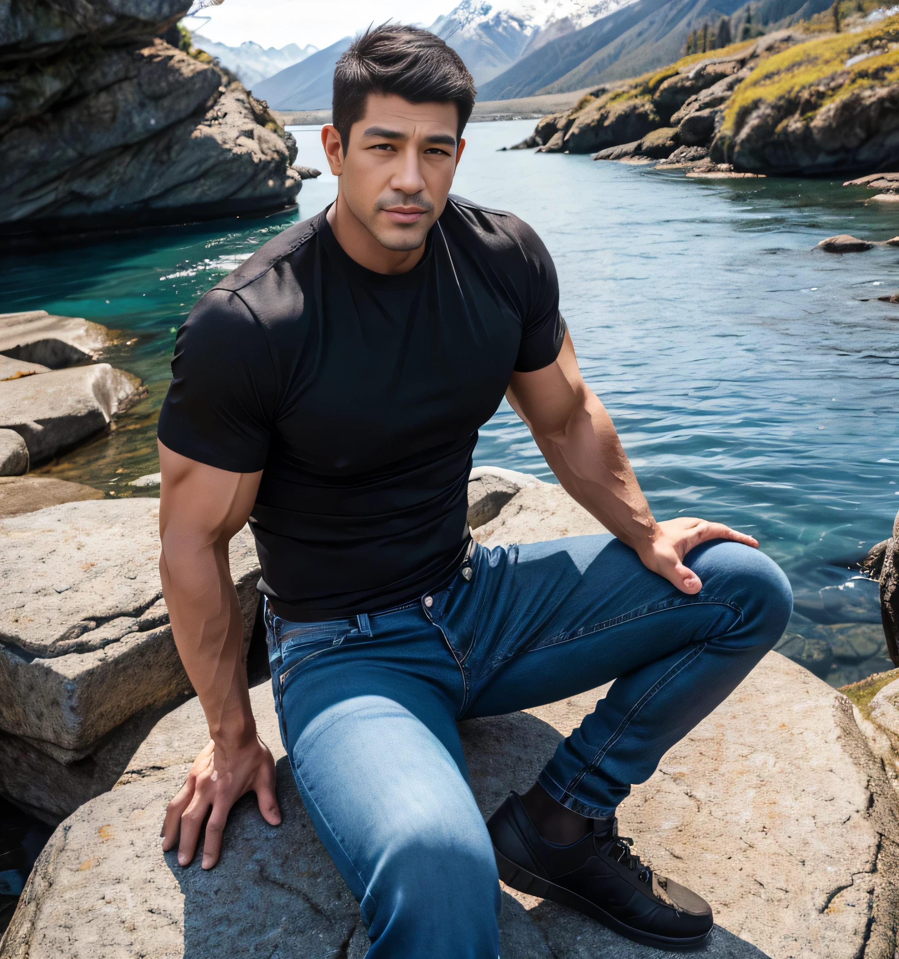 Handsome Francisco Portillo, 25 years old. (happy face), (dark blonde), (fit body: 1.5), (large muscle: 1.4), (lean muscle), proportionate body, blue eyes, ((dressed in tight jeans)) . ((Standing walking near a lava river on a moonlit night))