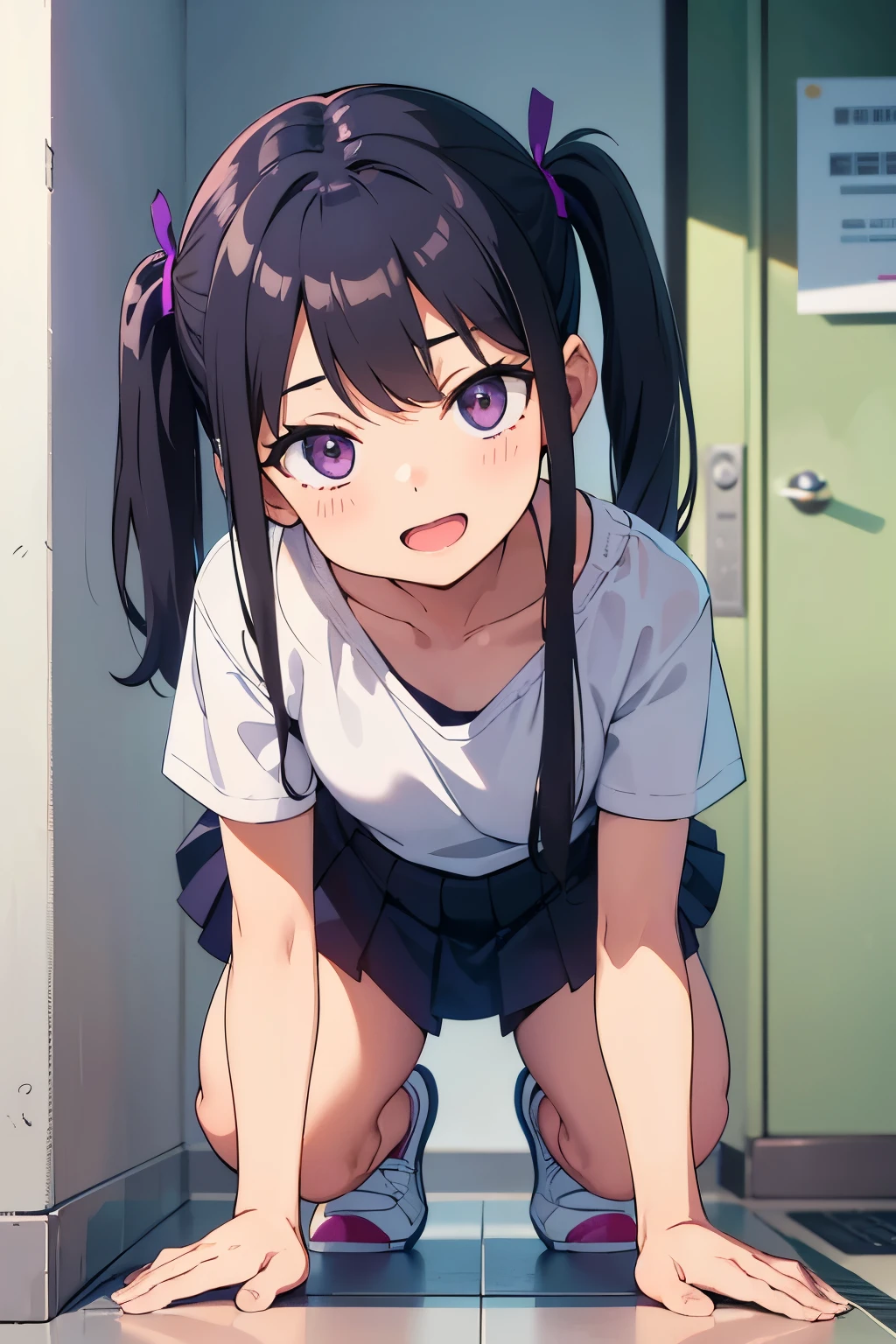   lying down with legs open, flat chest, black hair, shorts, twin tails, purple eyes 　 smile with open mouth（（One person）） upper body short sleeve t-shirt lower body navy blue miniskirt　 white panties white socks 　 sneakers（（ panties visible ）） Crouching in front of an elevator hall in an apartment　 Lower body center 　 dynamic angle　  low angle from the front