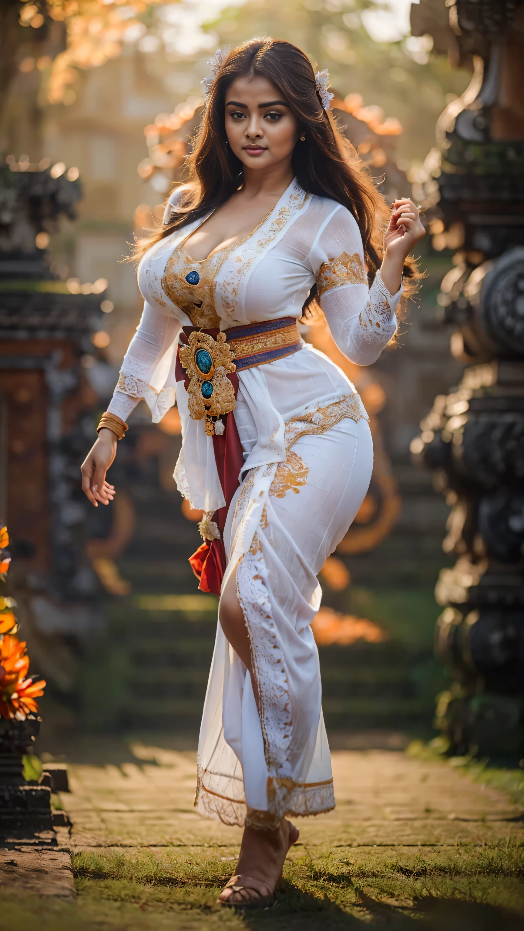 (( top quality)), ((masterpiece)), (detail), heavenly beauty Aishwarya look alike  , perfect facial detail , fit curvy body , Beautiful legs,Balinese girl wearing white Balinese traditional clothes, dancing traditional Balinese dance, Balinese epic vibes,depth of field , foto 8K, hdr, professional lighting , taken with canon eos r5 , 75mm lens