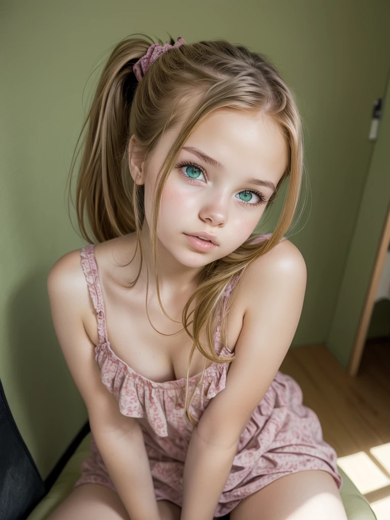 Cute girl ,after school,1 girl, sit on the chiar in the yourself privatly room,clap, ruby hair,green eyes,dreaming about boyfriend,tape, Ponytail, parted lips, anime style,fertility passion