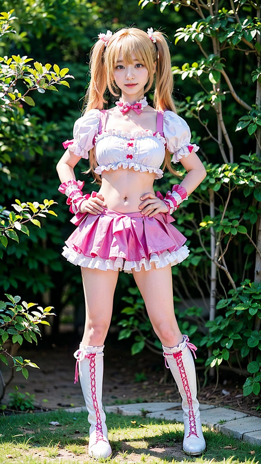 (8k、 RAW photos 、 top quality、masterpiece :1.2)、( realistic 、 realistic )、1 person、((、Blonde、smile、 twin tails、heart、bangs、heroine costume、Pink and white、 belly button out、Frills、ribbon、 miniskirt、 garden、 boots、Thin legs、whole body、 Hands on her hips 、 standing facing you )、cute black