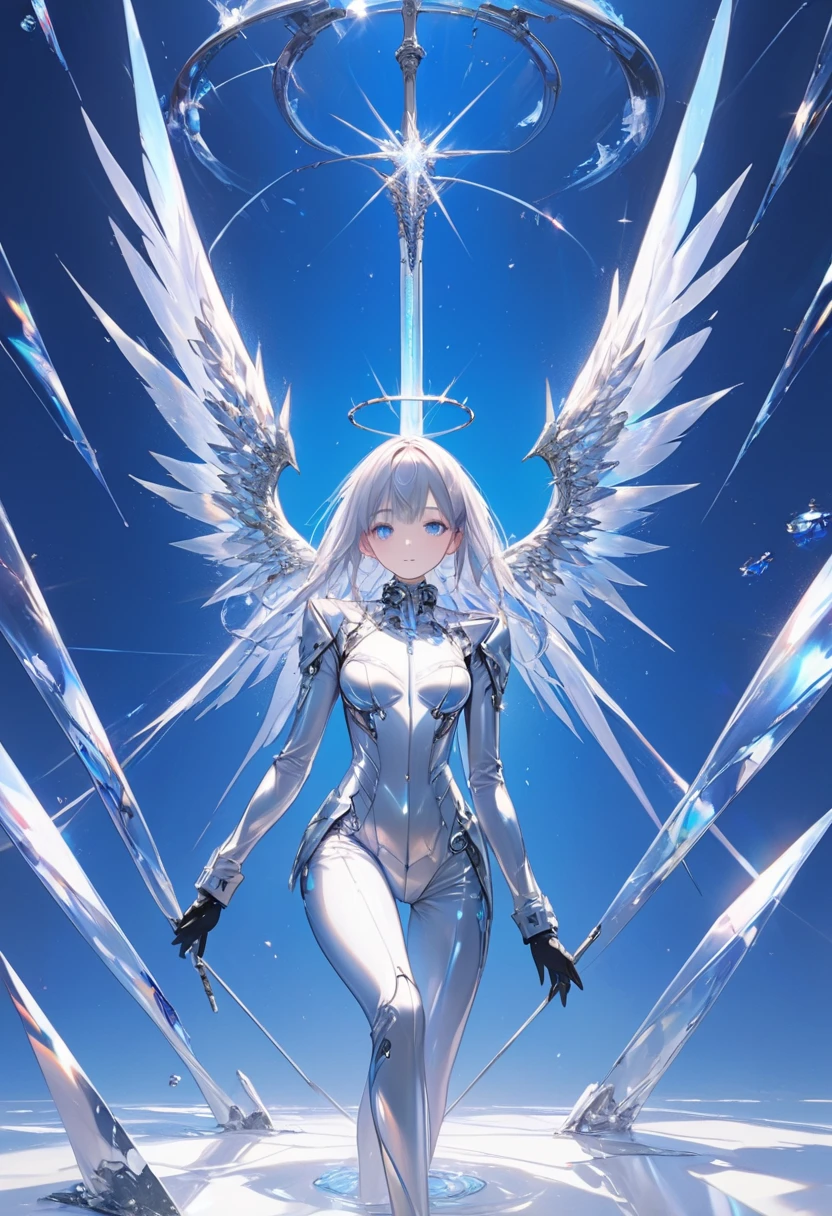 hyper realistic high definition photography image of a beautiful angel wearing a chrome suit, the suit looks futuristic lights up and studded with silver crystals ,shining silver wings, long silver glistening gothic looking sword stuck in the ground " in striking style, tall and slim, immersed in some kind of fantasy, blue background, very low light, each detail in high definition ,full body shot, upward view ，uhd